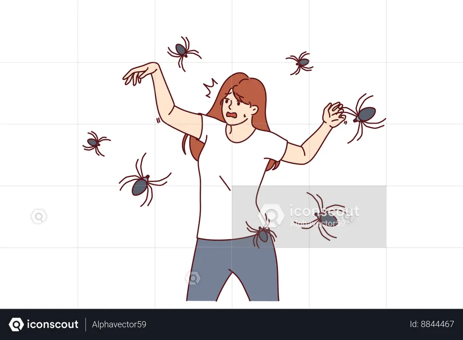 Woman gets frightened due spiders being entangled in cobweb  Illustration