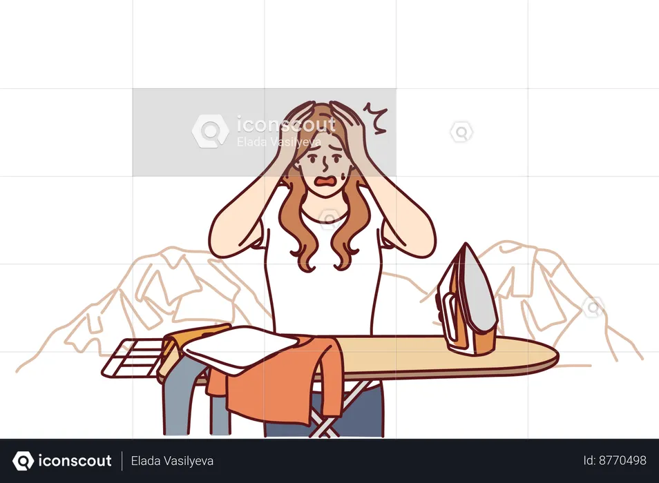 Woman gets irritated while ironing clothes  Illustration