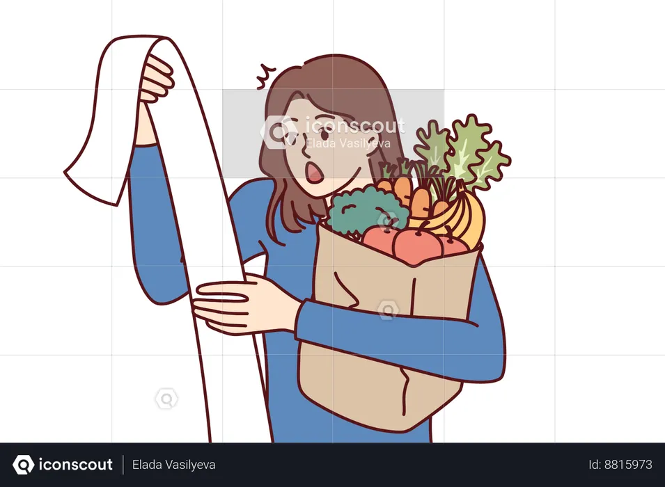 Woman gets shocked while watching grocery bill  Illustration