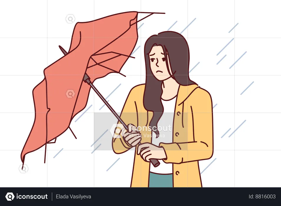 Woman gets wet because her umbrella breaks down in strong wind  Illustration