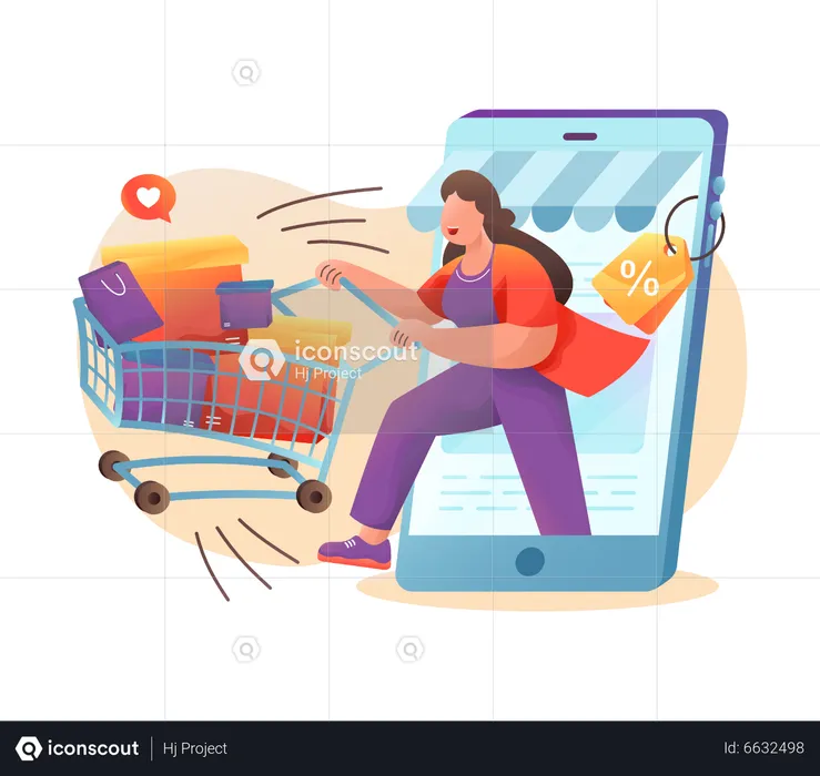Woman getting huge online shopping discount  Illustration