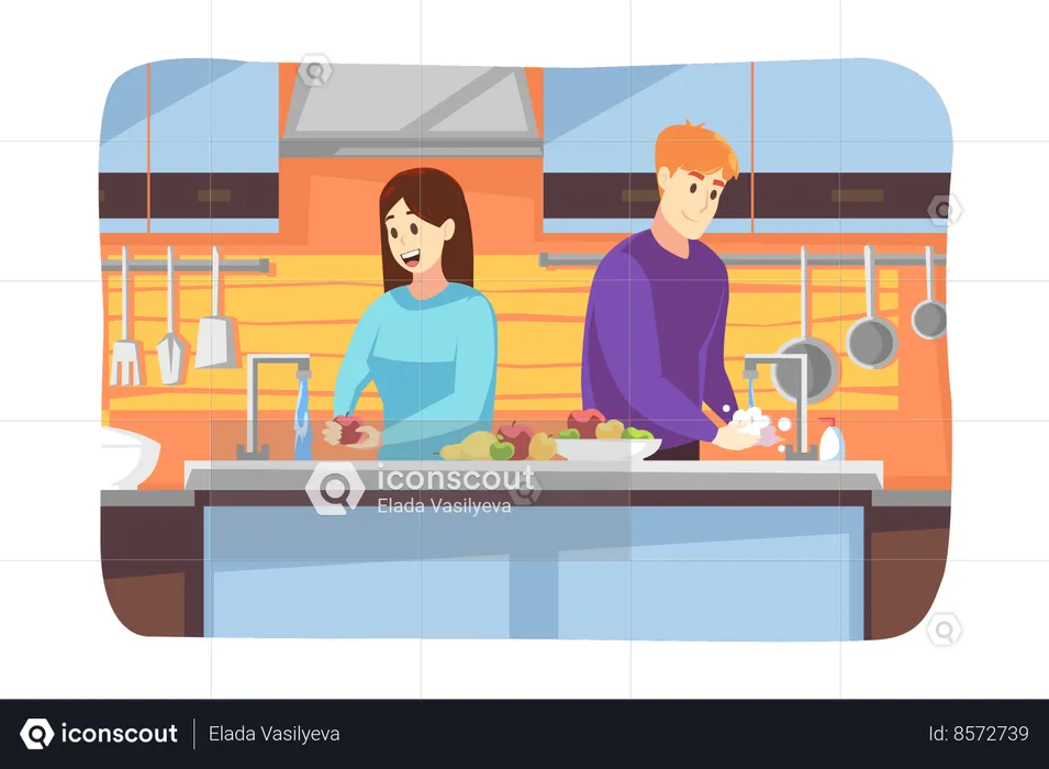 Woman girlfriend washes hands man boyfriend washing fruits together at home on quarantine  Illustration