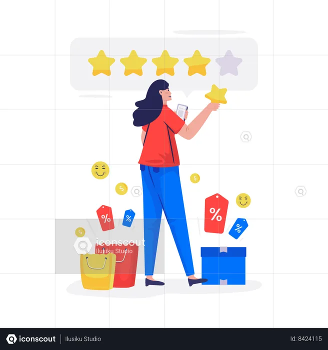 Woman gives 5 star rating  Illustration
