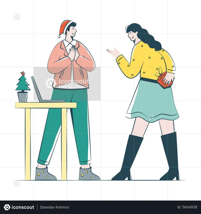 Woman Gives A Gift To A Colleague For Christmas  Illustration