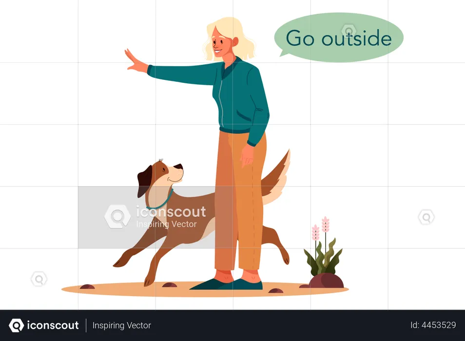 Woman giving command dog to go outside  Illustration