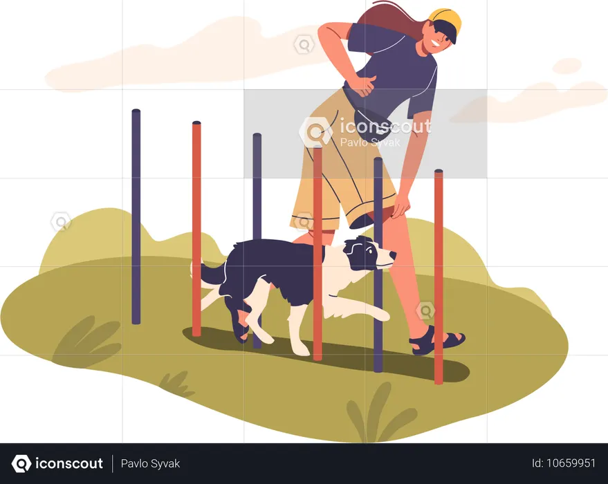 Woman giving Dog Training In Yard With Agility Obstacle Course  Illustration