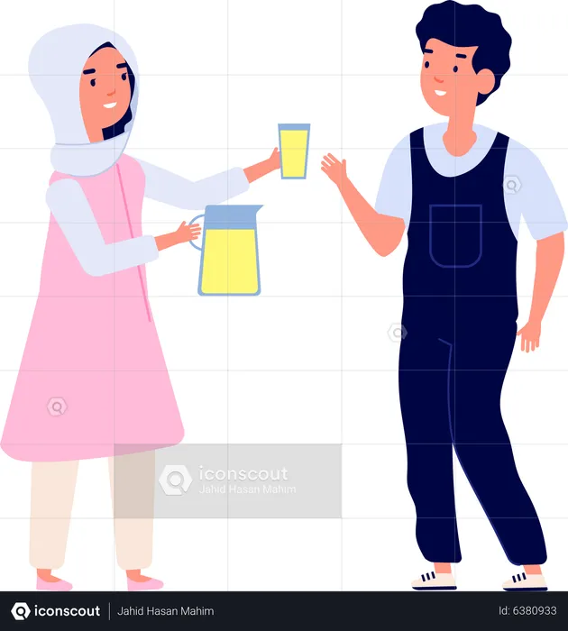Woman giving drink to boy  Illustration