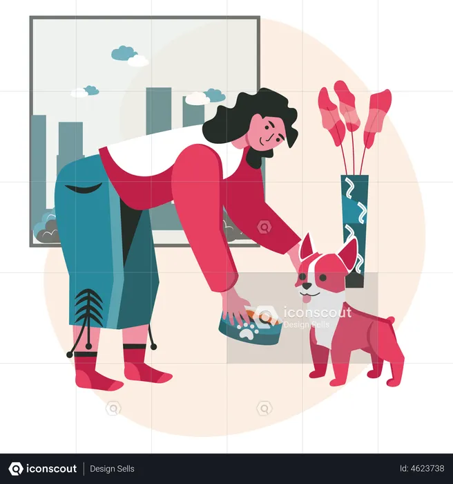 Woman giving feeds to her dog  Illustration