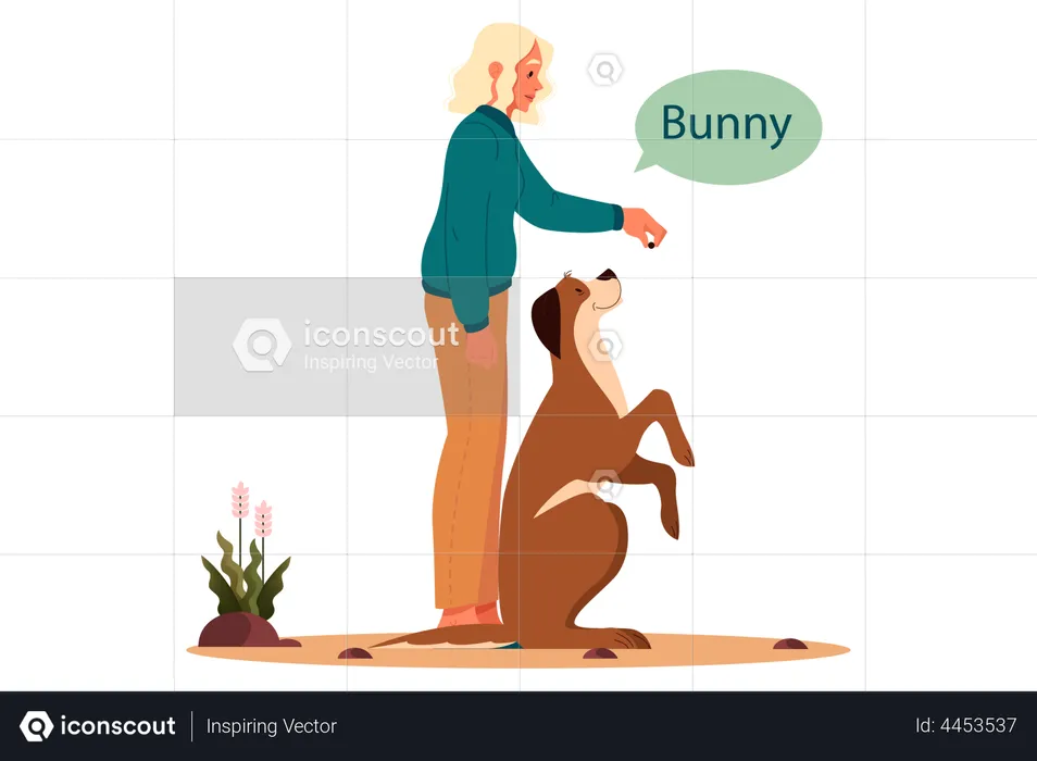 Woman giving food tip to pet dog  Illustration