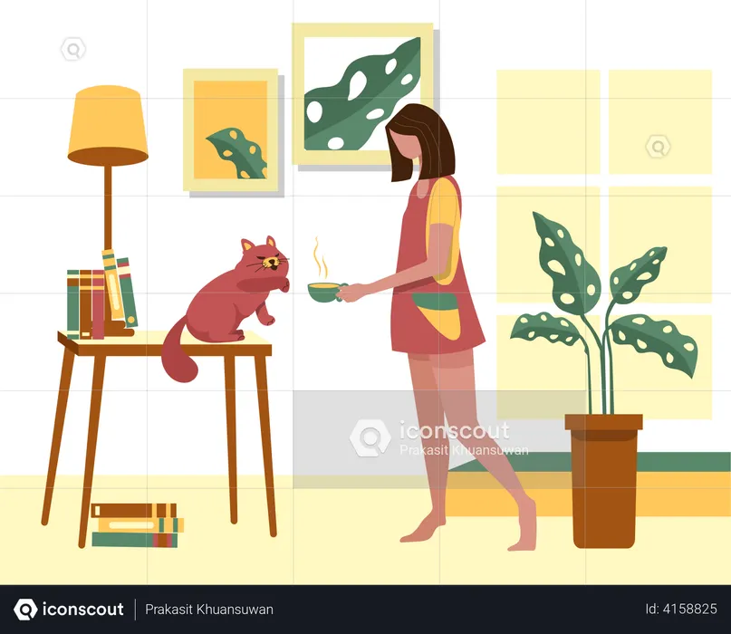 Woman giving food to cat  Illustration