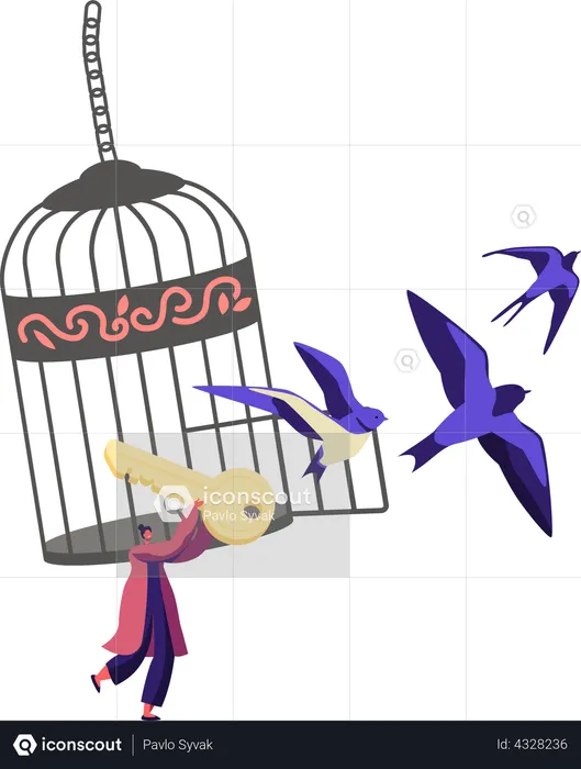 Woman giving freedom to trapped birds from the cage  Illustration