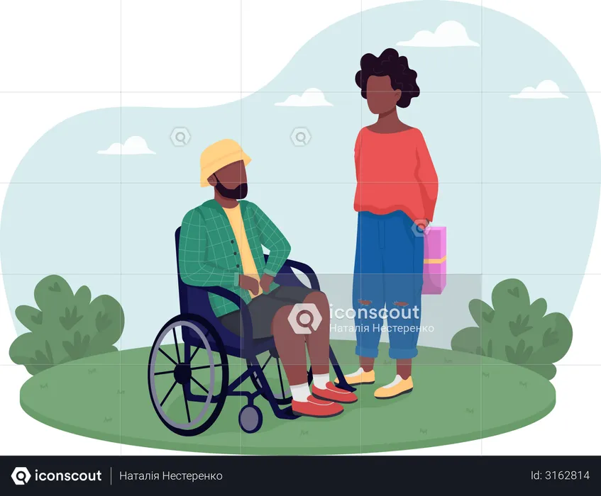 Woman giving gift to disabled man  Illustration