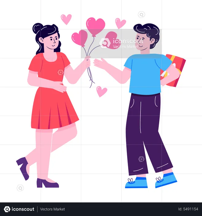 Woman giving heart balloons to boyfriend  Illustration
