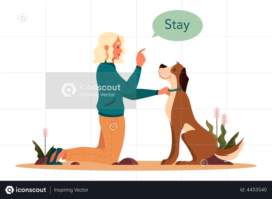 Woman giving stay command to pet dog  Illustration