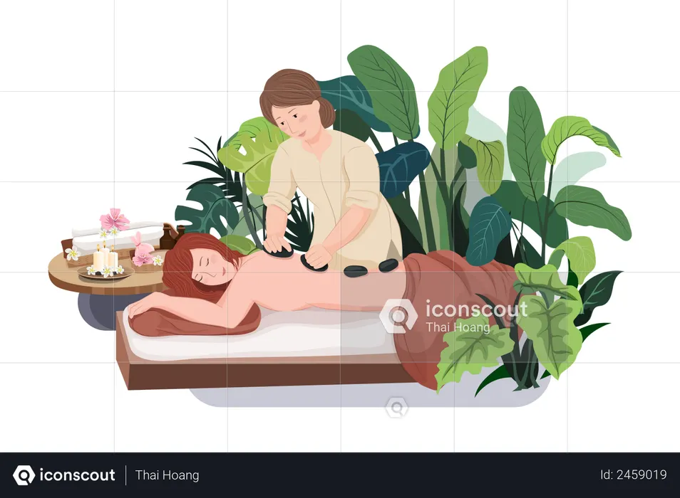 Woman giving stone massage therapy to woman  Illustration