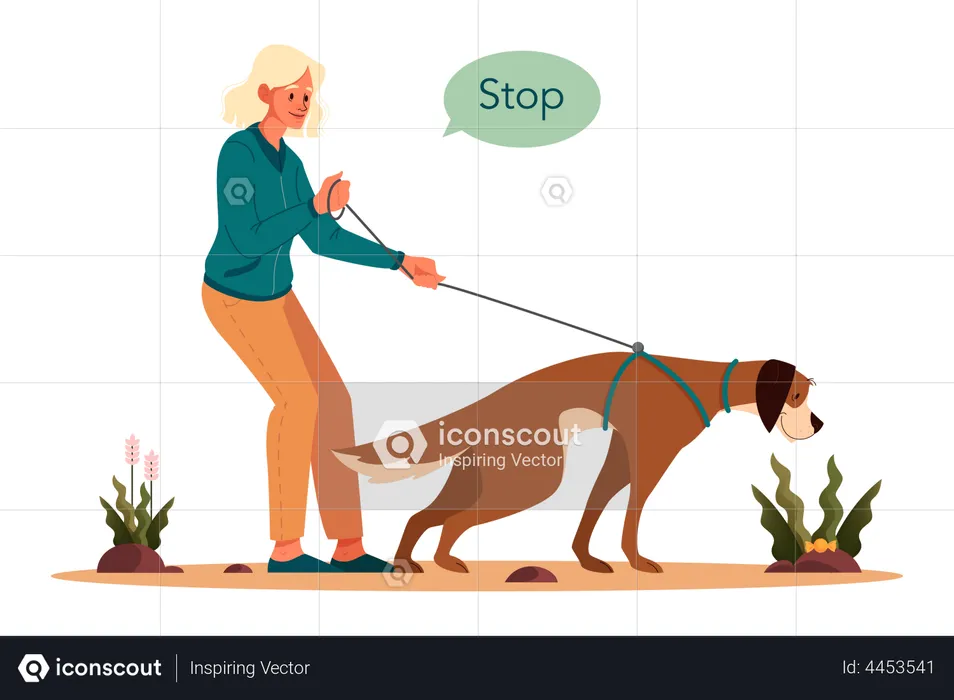 Woman giving stop command to dog  Illustration