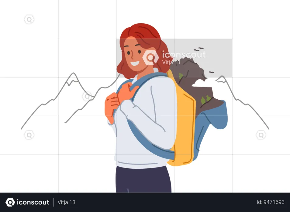 Woman goes hiking in mountains posing in outdoor clothing with backpack for personal belongings  Illustration