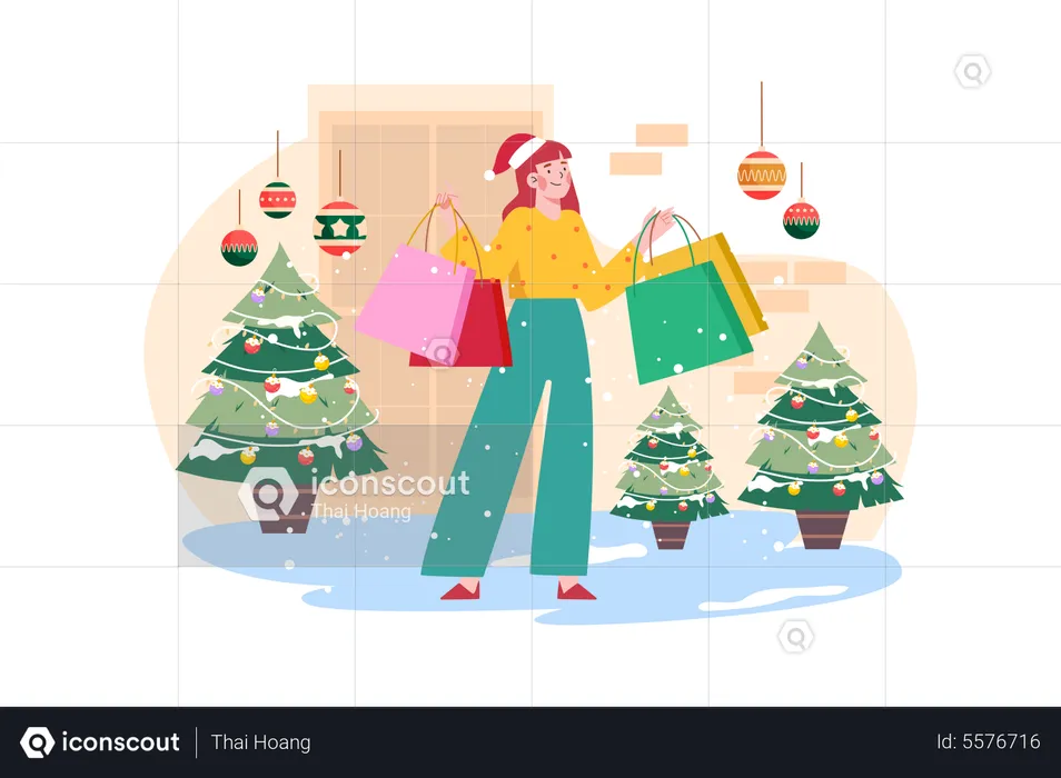 Woman goes shopping for Christmas holiday  Illustration