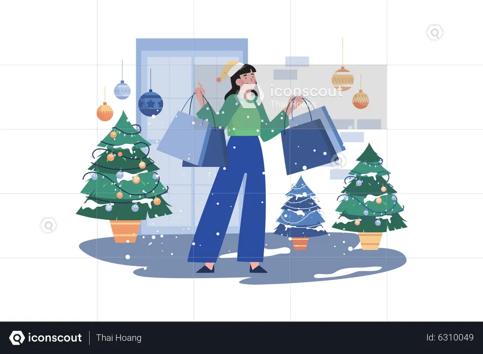 Woman Goes Shopping For Christmas Holiday  Illustration