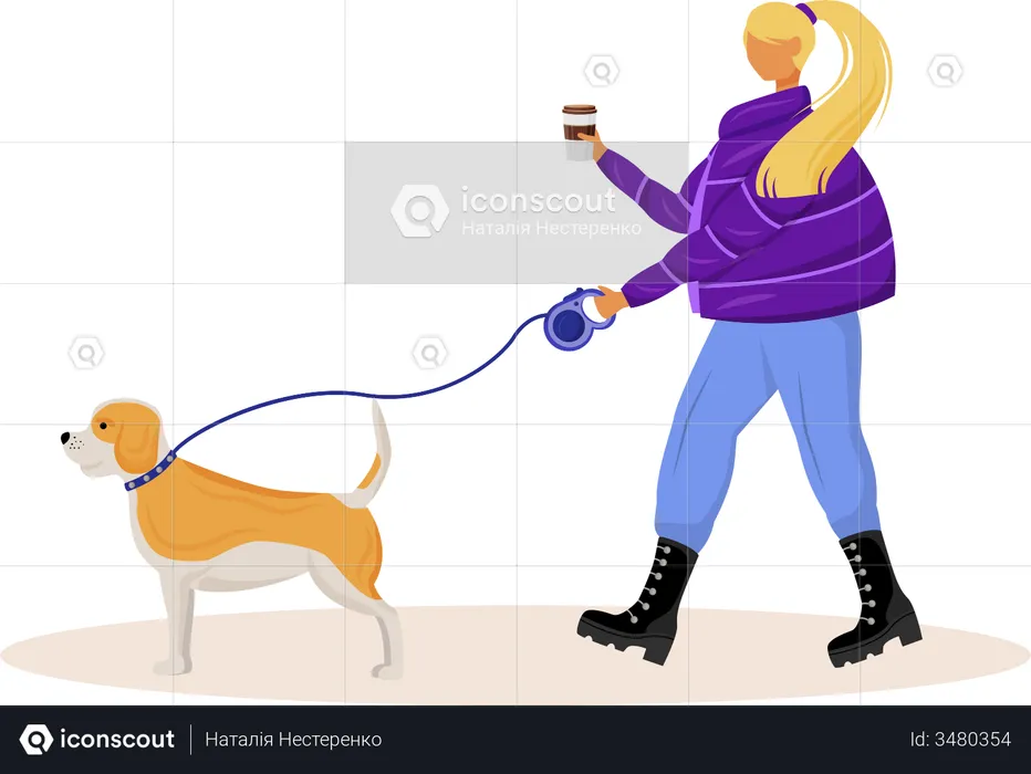 Woman going for walk with dog  Illustration