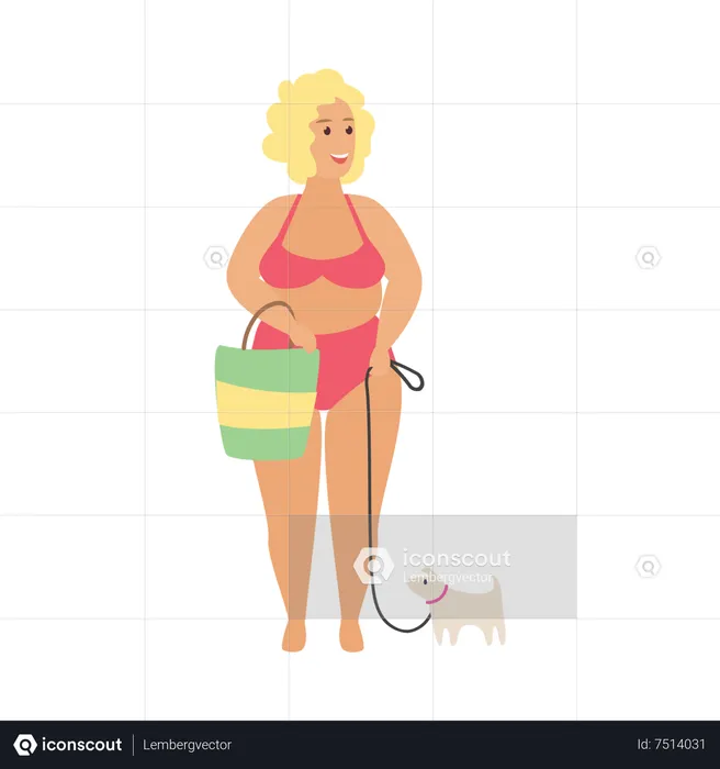 Woman going to beach with pet dog  Illustration