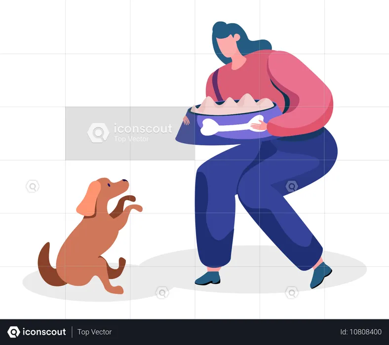 Woman Going to Feed Dog Sitting Paws Up  Illustration