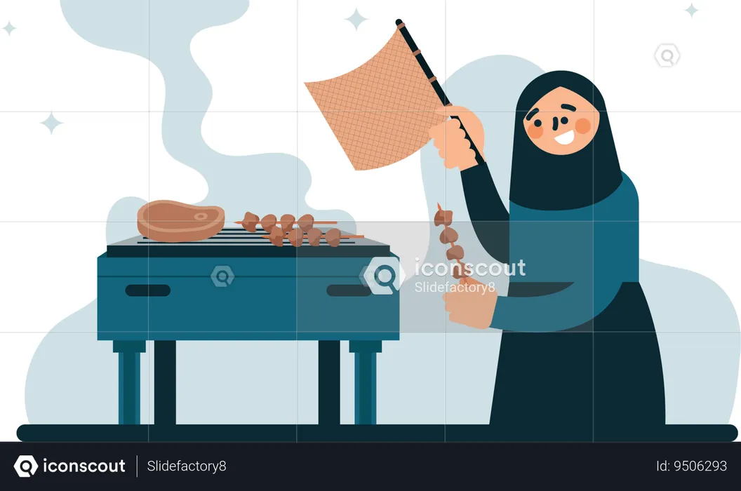 Woman grilling satay  Illustration