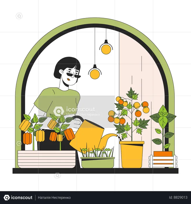 Woman Growing indoor veggies in windowsill  Illustration