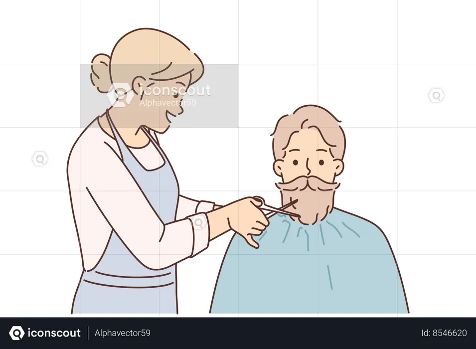 Woman hairdresser from barbershop cuts beard and mustache to man who does not want to shave  Illustration