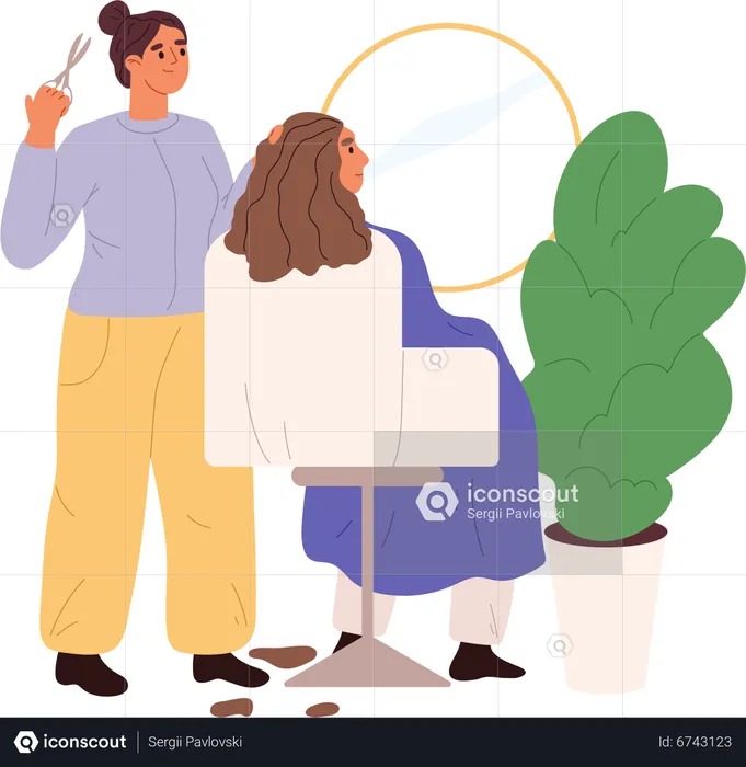 Woman hairdressing stylist cutting hair for female client in salon  Illustration