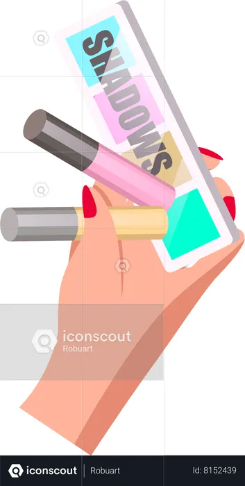 Woman hand holding shadows palette and two lipstick  Illustration