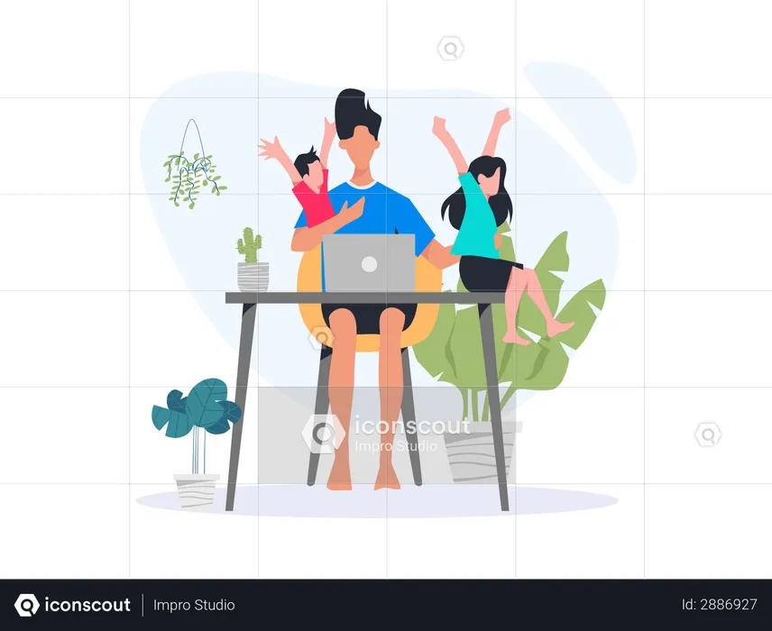 Woman handling kids while working from home  Illustration