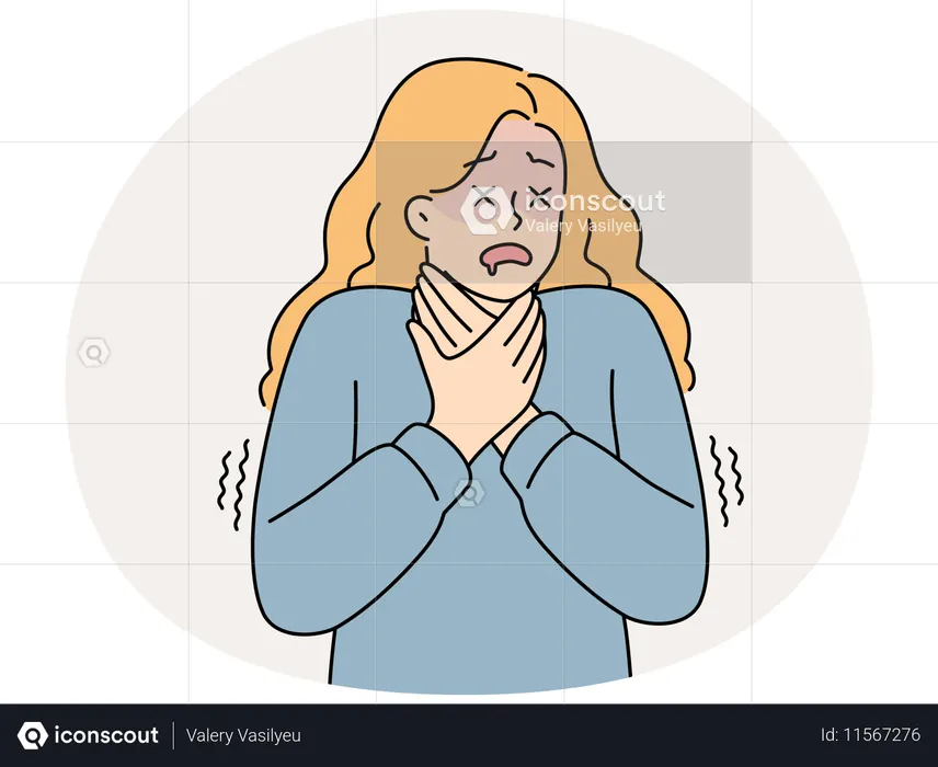 Woman has health problems and suffocates grabs neck suffers from psychological illness  Illustration