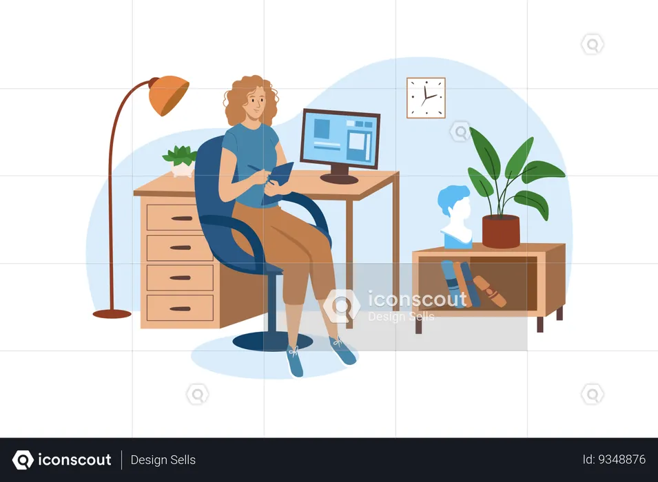 Woman has her own work place in the big office  Illustration