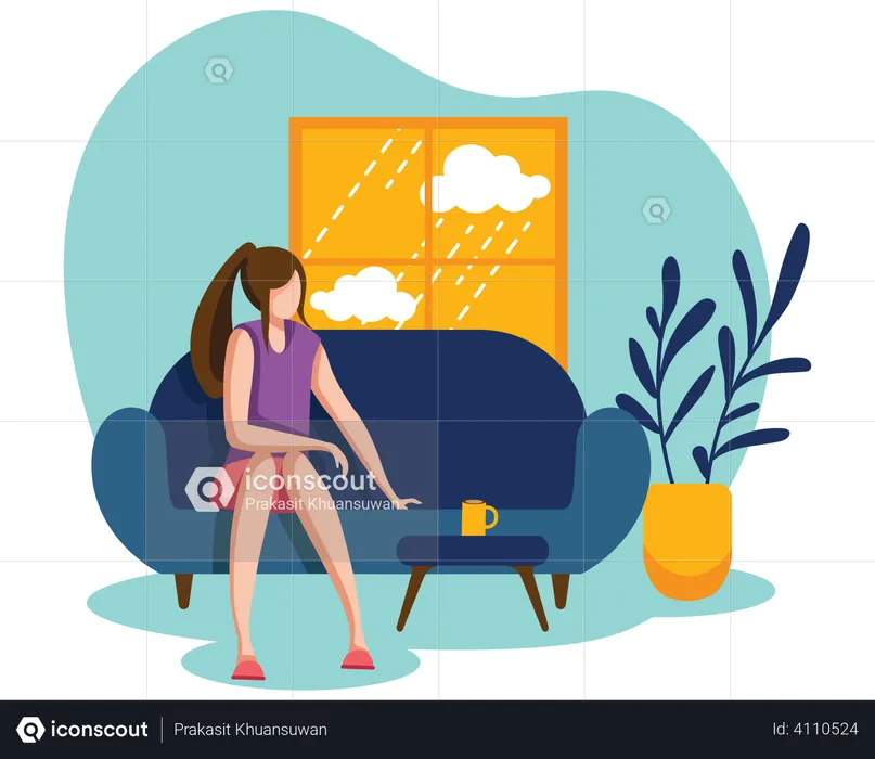 Woman having coffee in rainy season  Illustration