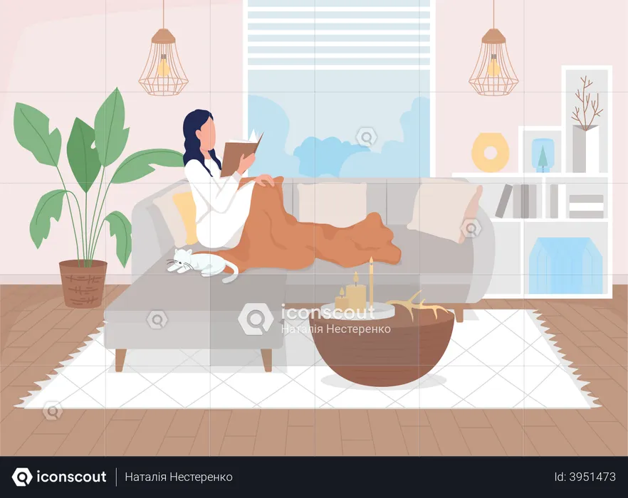 Woman having rest while reading book  Illustration
