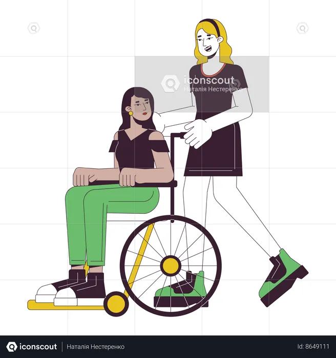 Woman helping disabled Female on wheelchair  Illustration