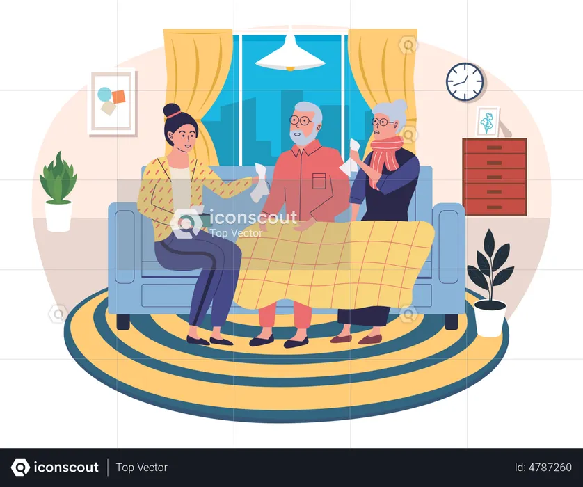 Woman helping elderly sick couple at home  Illustration