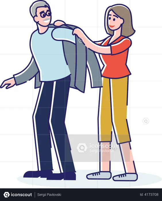 Woman helping old aged man getting dressed  Illustration