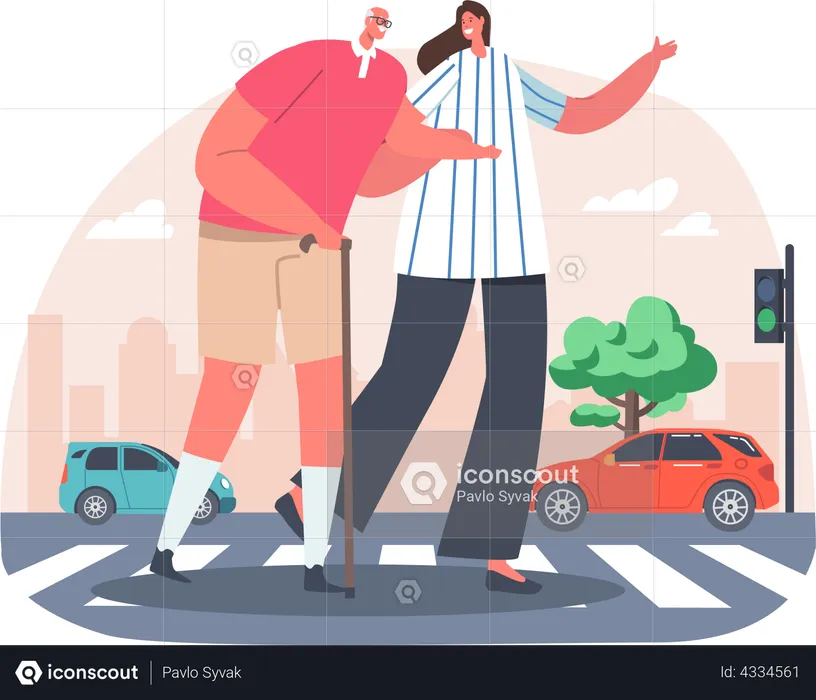 Woman helping old man in crossing road  Illustration