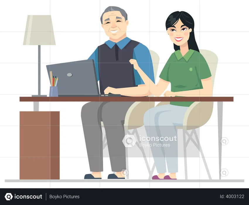 Woman helping old man with laptop  Illustration