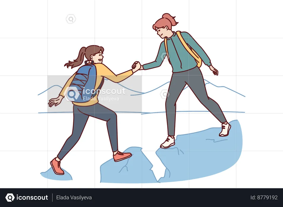 Woman helps another woman on mountain hiking  Illustration