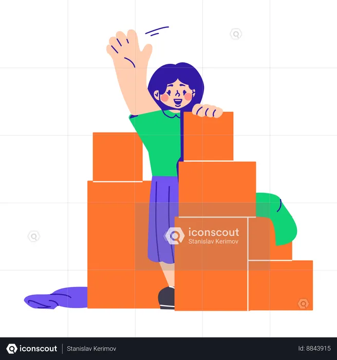 Woman Hiding Behind Boxes  Illustration