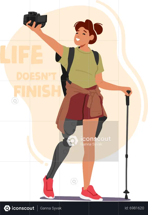 Woman hiker with leg prosthesis  Illustration