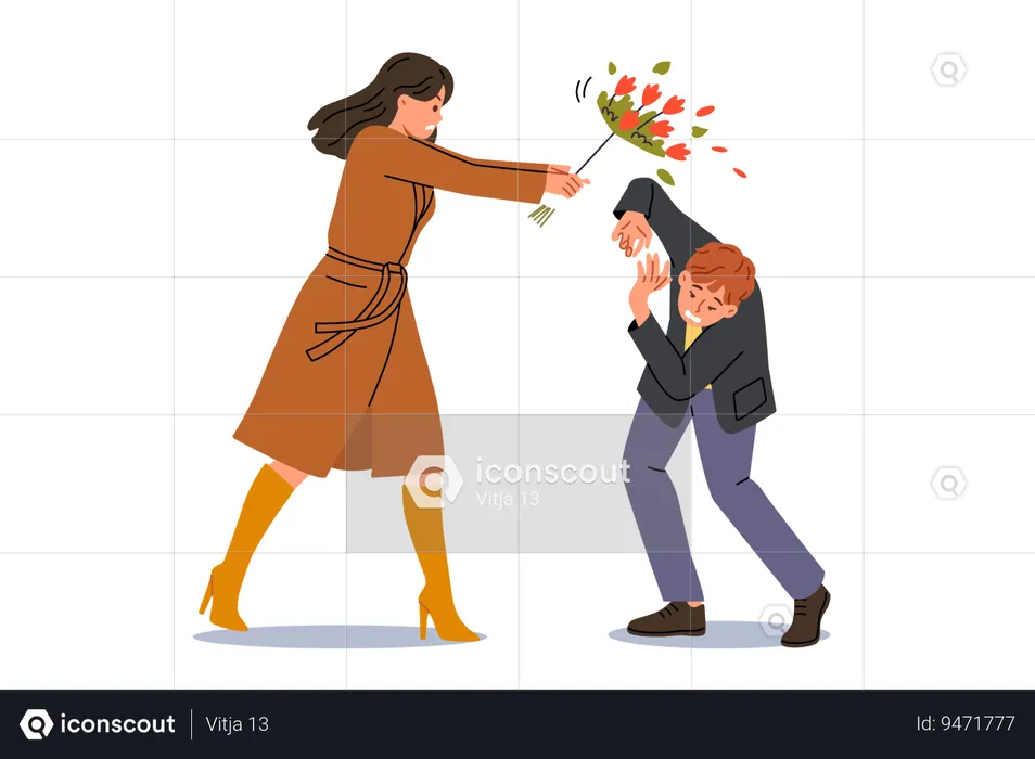 Woman hits groom with bouquet because of betrayal and finding out fact of adultery  Illustration