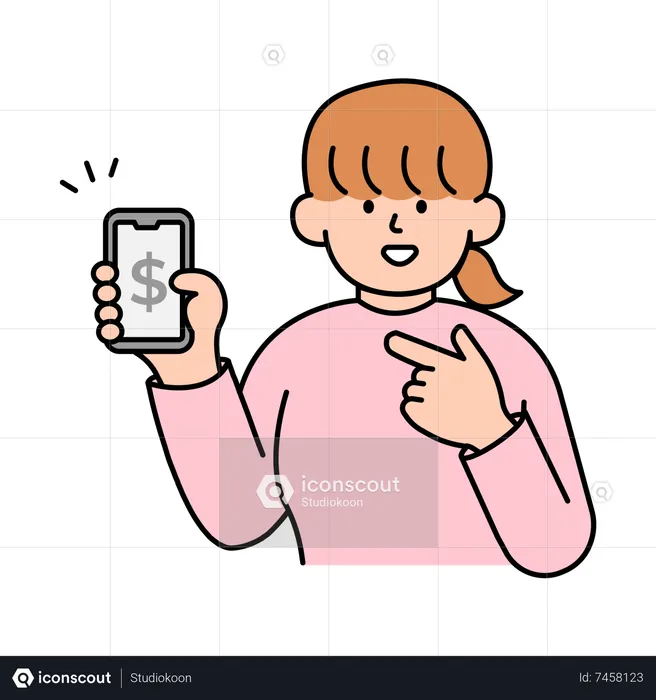 Woman Holding and Pointing to Phone for Checking Finances  Illustration