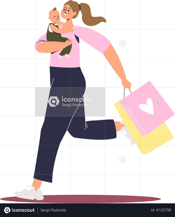 Woman holding baby and running for shopping  Illustration