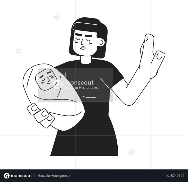 Woman holding baby and showing stop gesture  Illustration