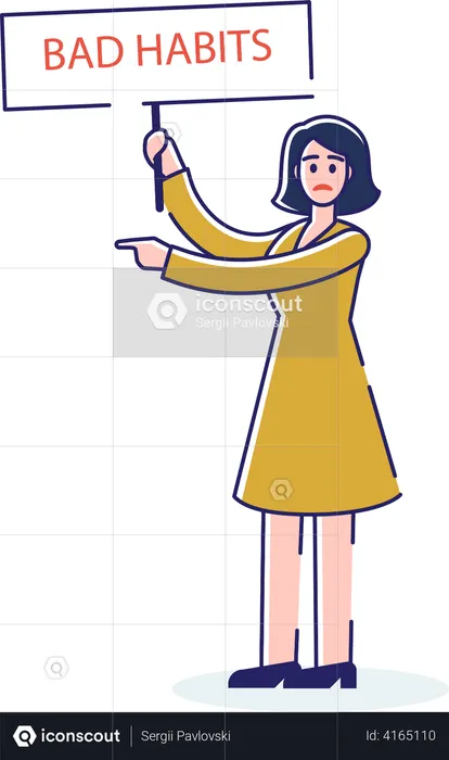 Woman holding board showing bad habits and pointing finger  Illustration