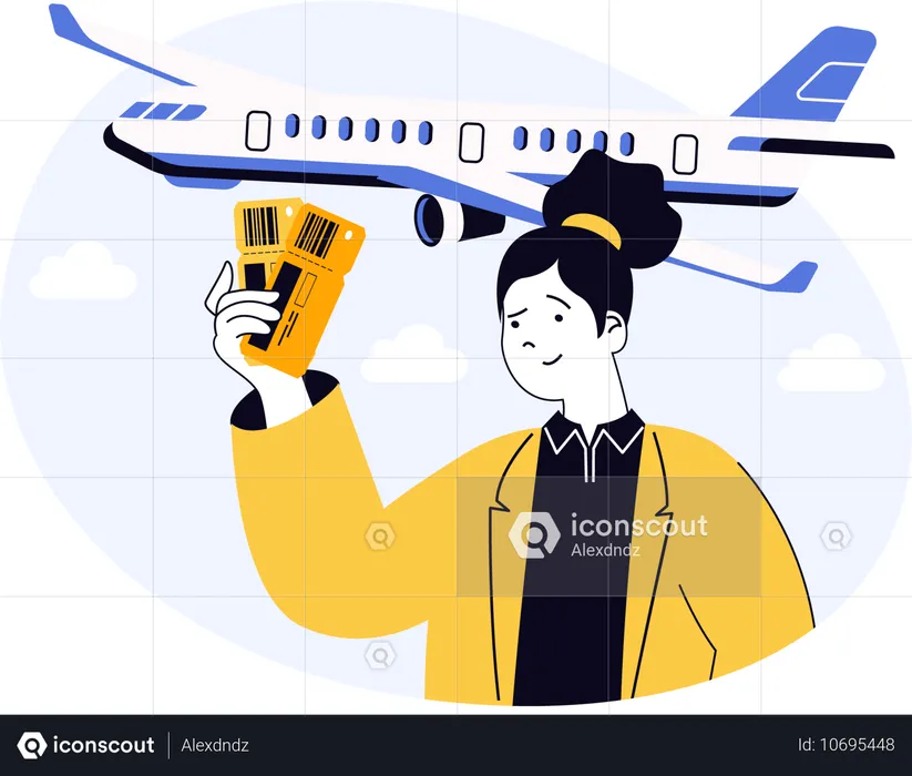 Woman holding boarding pass for international travel  Illustration